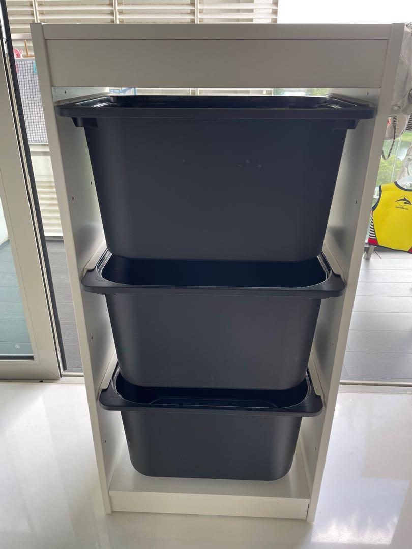IKEA white TROFAST shelves. With 3 black bins, Furniture & Home Living