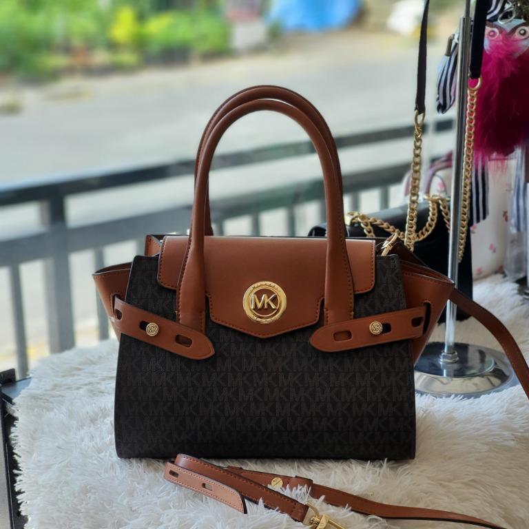 Michael Kors Carmen Large Logo and Leather Belted Satchel Bag - Brown,  Women's Fashion, Bags & Wallets, Cross-body Bags on Carousell
