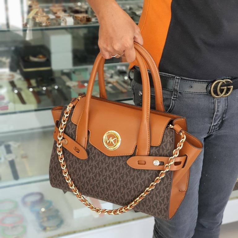 Michael Kors Carmen Large Logo and Leather Belted Satchel Bag - Brown,  Women's Fashion, Bags & Wallets, Cross-body Bags on Carousell