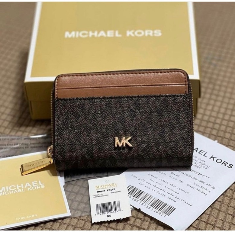 Michael kors jet set travel zip around card case wallet brown mk black