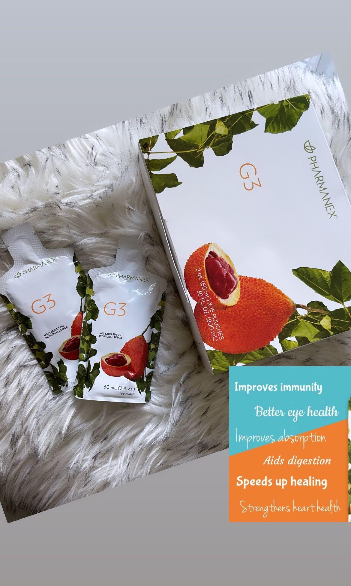 PHarmanex G3 fruit Juice -15 pouch (Category: Everything Else) located in Singapore. Submitted by yken0126 (Listing ID 1145619455, Image 1). Description: Improves immunity 10x than the over the counter vitamin C Better eye health Improves absorption aids digestion Speeds up healing Strengthens heart health .