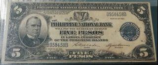 RARE 1921 President William McKinley 5 Pesos banknote: US Philippines "PNB"