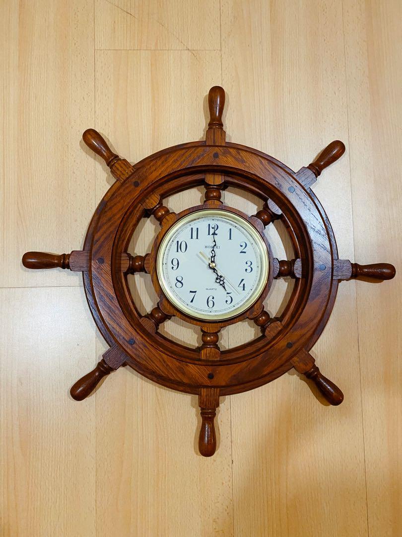 Wooden Ship Wheel Clock with Ship