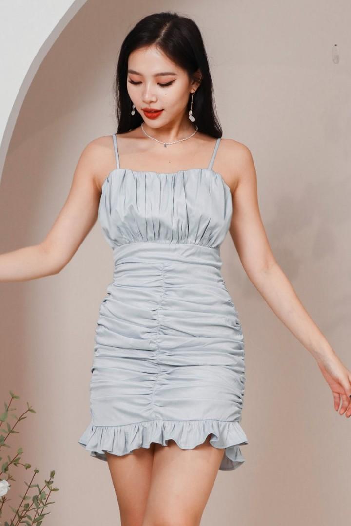 open lace back dress Niya Ruched Midi Dress