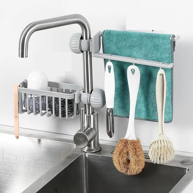 1pc Kitchen Sink Sponge Holder With Draining Rack Wall Mounted  Multifunctional Storage Shelf