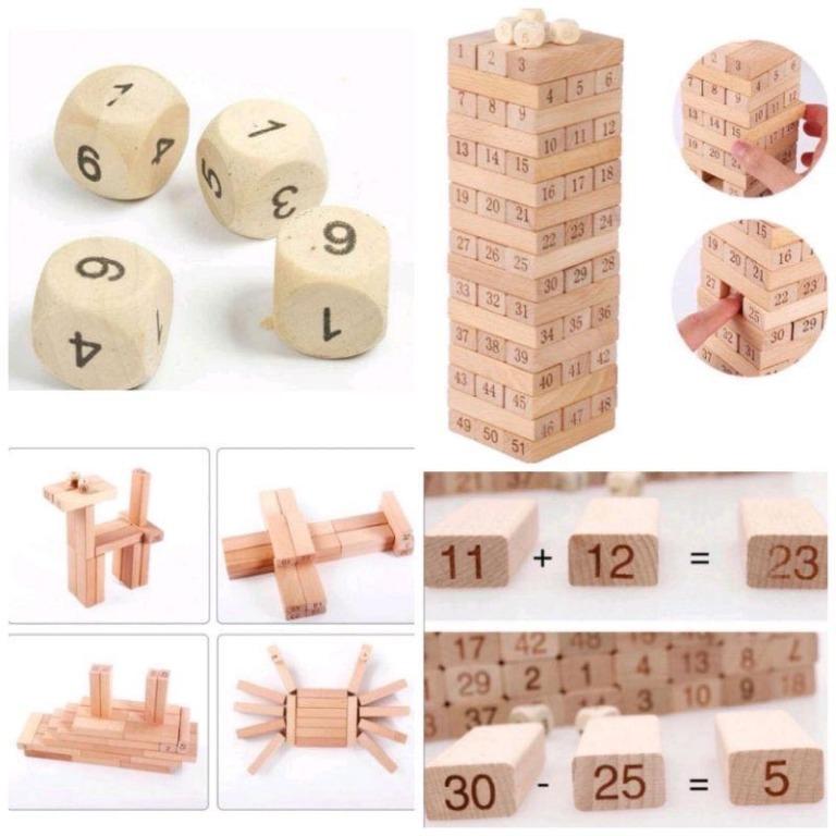 54PCS/Set Wooden Tower Building Blocks Toy Rainbow Domino Stacker Board ...