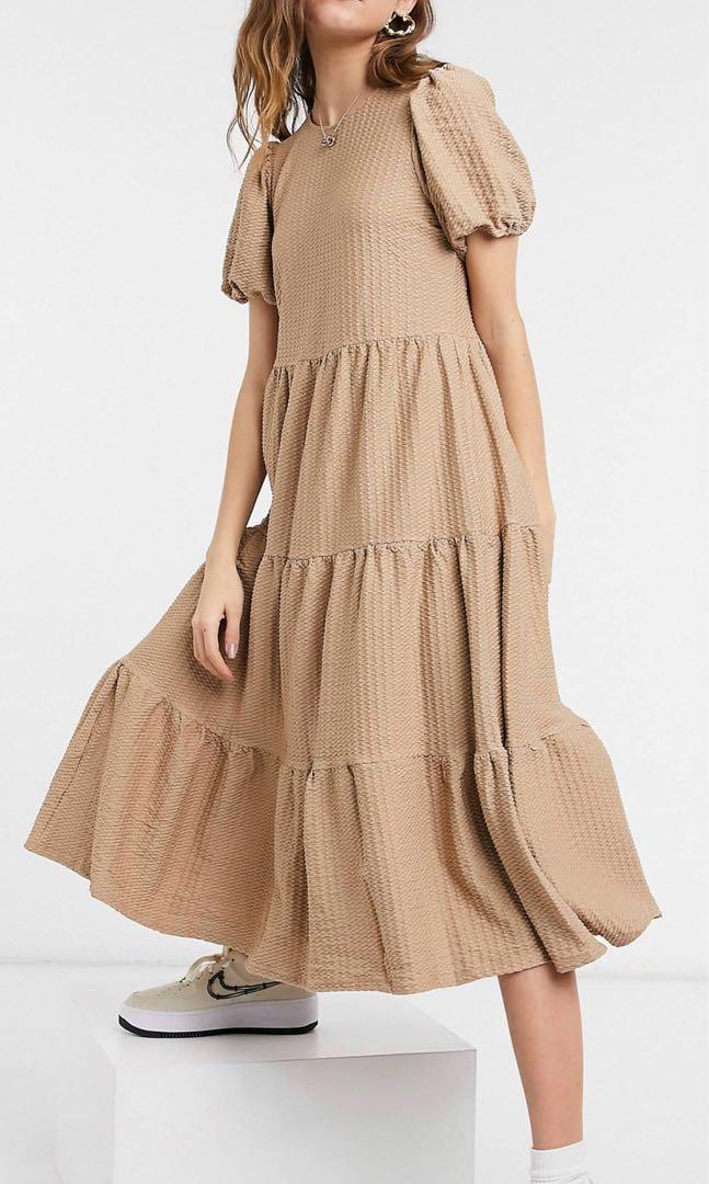 knee length dresses for ladies Monki seersucker smock midi dress in blue and white gingham  ASOS Sample  Sale