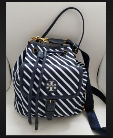 AUTHENTIC TORY BURCH SCOUT STRIPED DRAWSTRING REGATTA NYLON CROSS used,  like-new condition blue and white