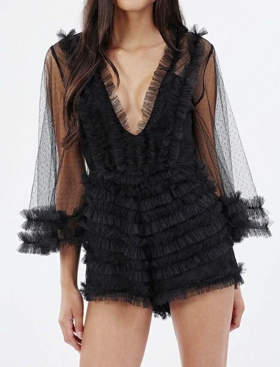 Black Mesh Ruffle Romper Playsuit (Category: Rompers) located in Manila. Submitted by abthree (Listing ID 1145894379, Image 1). Description: Lovely dotted mesh outer fabric with ruffled details all over. Bodice and shorts part is lined. Has a v-neckline (not as low as the model photo, please refer to pictures following model photo for actual reference). Sheer bell sleeves with ruffles. Has a loose ruffle at the back part of the shorts. Not notice
