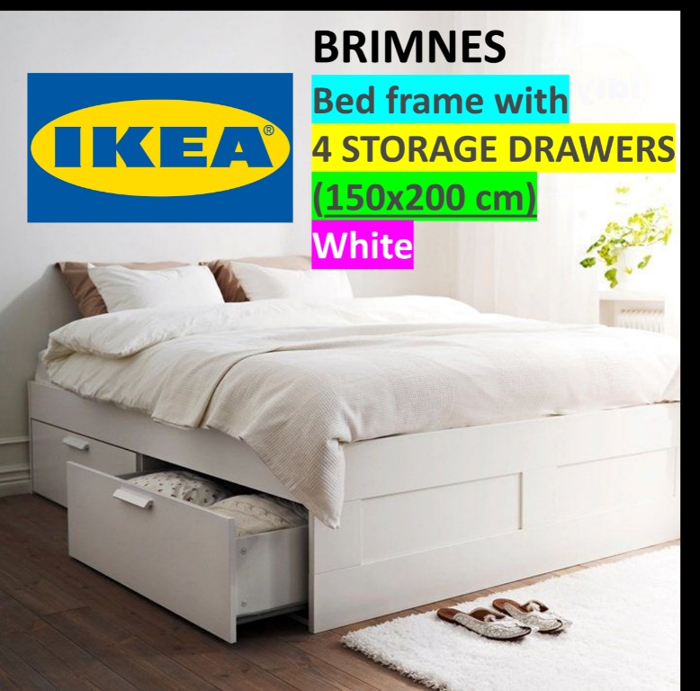 IKEA BRIMNES Queen Bed Frame with 4 Storage Drawers!, Furniture & Home
