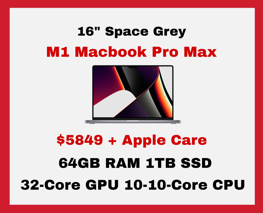 M1 Macbook Pro Max 16-Inch 64GB 32-Core GPU 10-Core CPU 1TB SSD Space ...