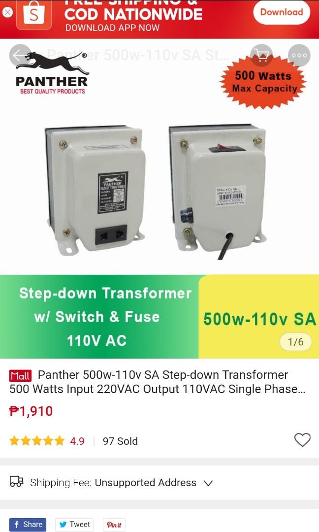 Panther Step Down Transformer 500W, Output 110V (Category: Electrical, Adaptors & Sockets) located in Las Pinas. Submitted by erik08 (Listing ID 1145942261, Image 3). Description: Panther 500w transformer Model: 500W-110V SA Technical Specification Phase: Single Phase Max. Capacity: 500W Input: 220V AC Output: 110V AC Frequency: 60 Hz Type: Auto Features Include One outlet (1: 110V) One on/off switch, which will allow you to save power without pl