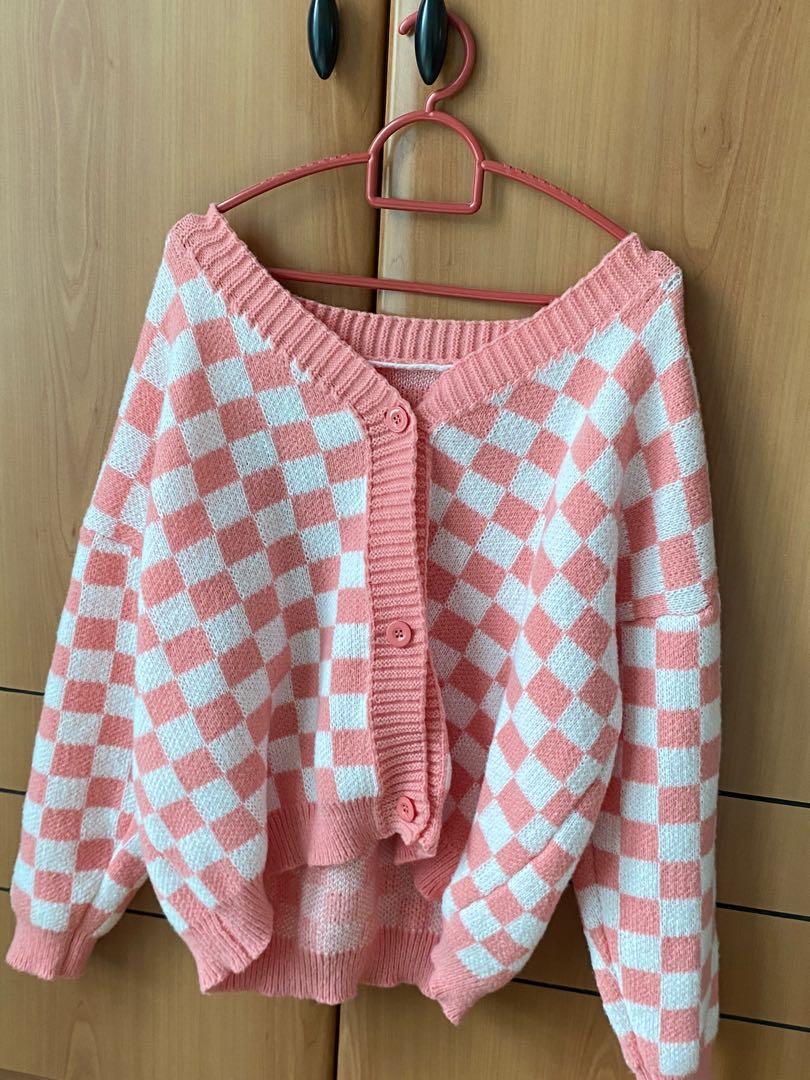 pink checkered cardigan, Women's 