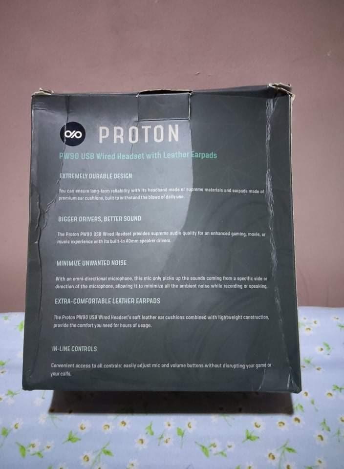 PROTON PW90 USB Wired Headset with Leather Earpads (Category: Headphones & Headsets) located in Quezon City. Submitted by ikme11 (Listing ID 1145882565, Image 2). Description: PROTON PW90 SPECS: • Minimize unwanted noise • Extra-comportable leather earpads • In-line controls • Sensitivity: 38dB ± 3dB • Omni-Directional Microphone • USB Connection • Frequency Range: 20 Hz – 20 kHz • Weight: 0.202 kg • Dimensions: 17.3 x 20 x 9 cm • Color: Black Bo