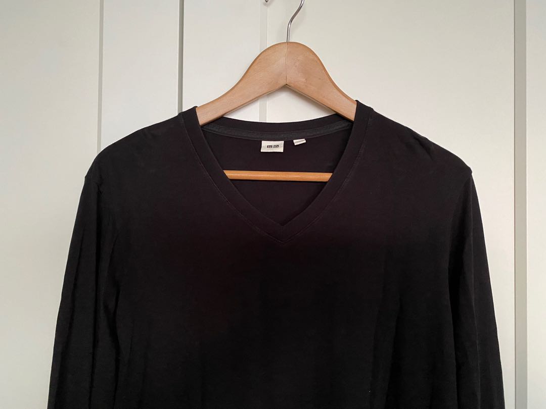 V neck black basic long sleeve tee, Men 