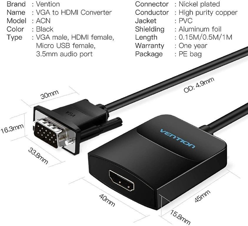 Vention Vga To Hdmi Pc Vga Source Output To Tv Monitor With Hdmi Connector Vention 1080p Vga To Hdmi Adapter Male To Female Cable For Computer Desktop Laptop Pc Monitor Hdtv Computers Tech