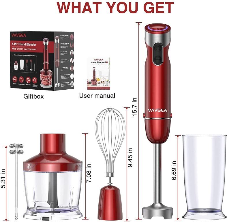 Electric Immersion Blender Hand Blender with Whisk 5 in 1 600W,304  Stainless Steel Ice Crush Blade with Whisk, Milk Frother