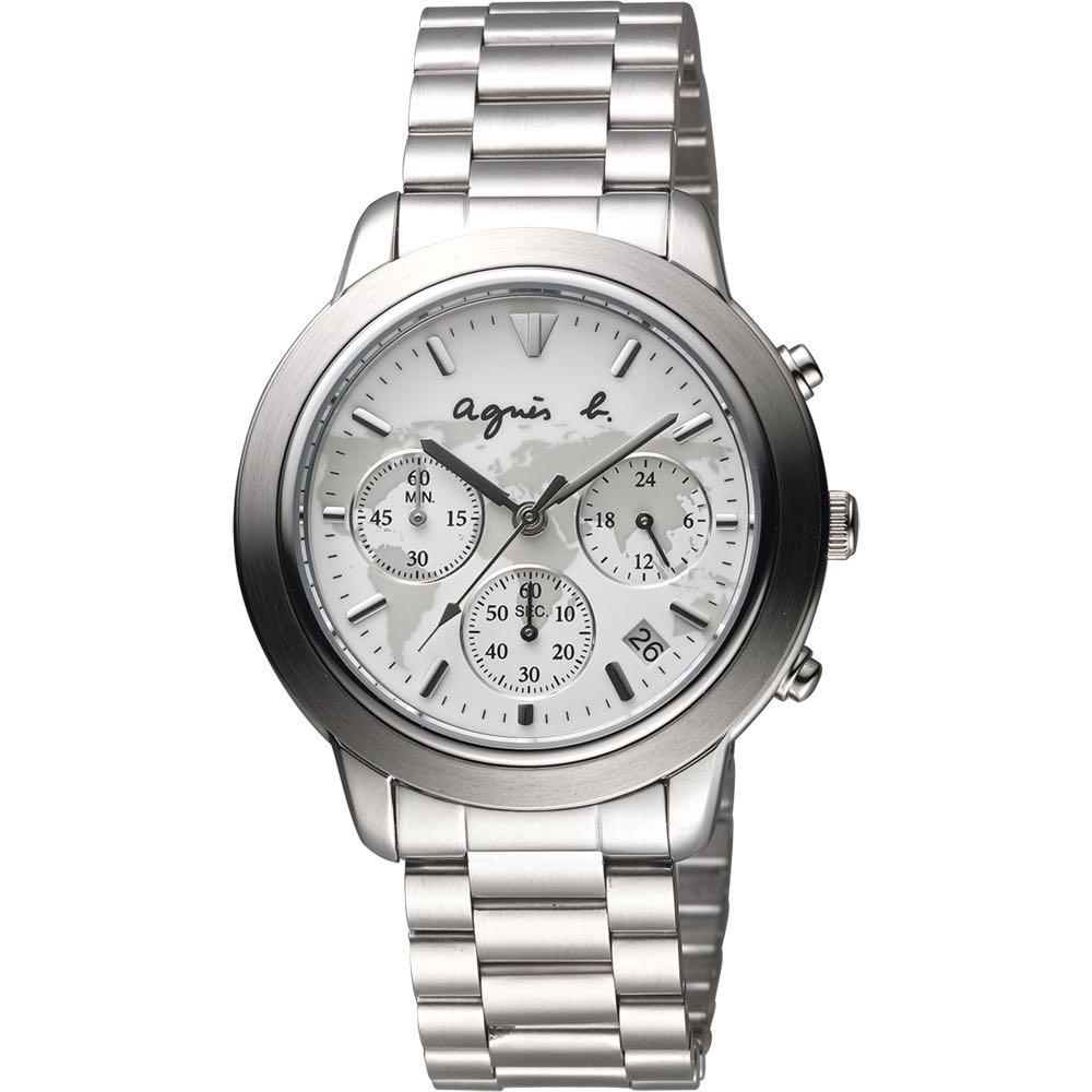 agnes b. 環遊世界地圖計時腕錶(BT3018X1)-白x銀/39mm, 名牌, 手錶 