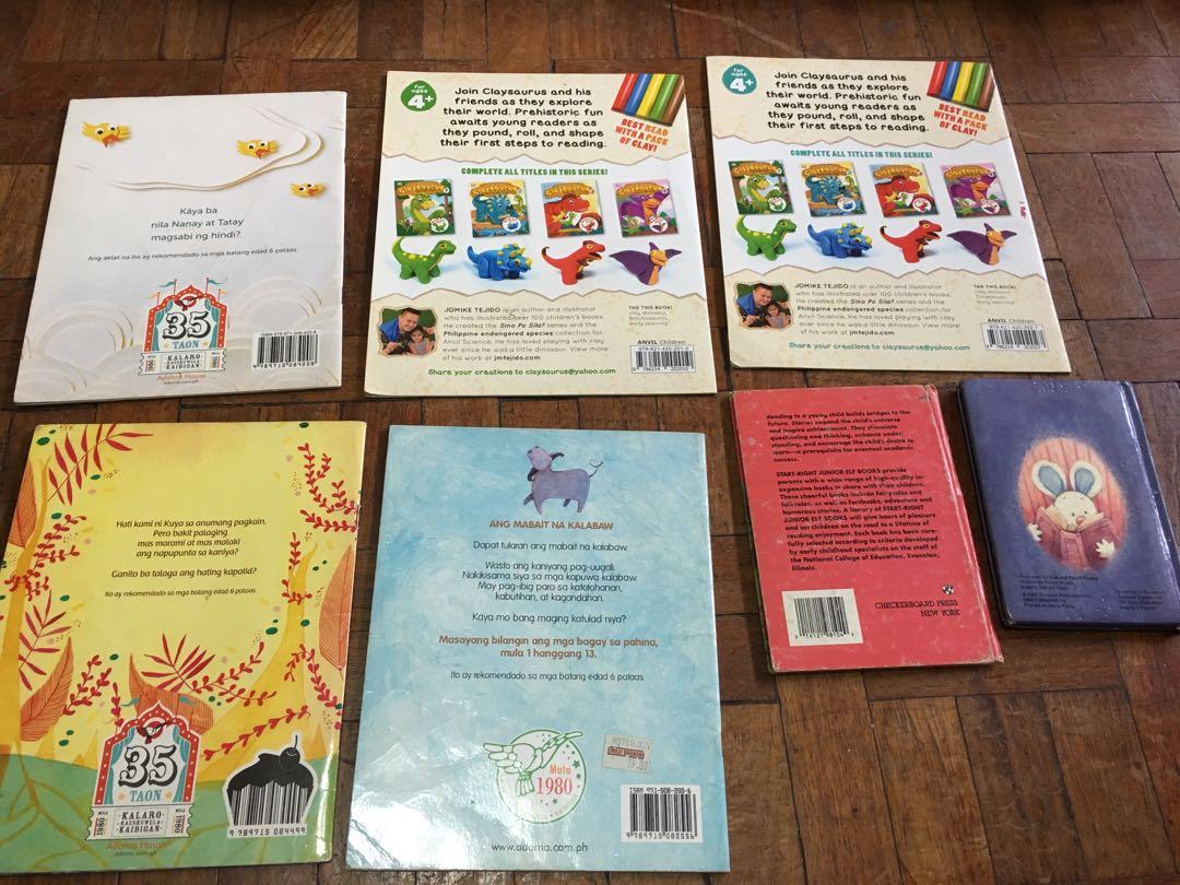Assorted Children’s Books (Category: Children's Books) located in Quezon City. Submitted by qbee2021 (Listing ID 1146003763, Image 2). Description: Assorted children’s books, mostly Adarna publications. Plus one freebie random children’s book. With some cover wrinkles and a couple of pen marks but intact pages and binding, overall good condition. Claysaurus 1 & 2 by Jomike Tejido Naaay! Taaay! by Kristine Canon Hating Kapatid by Raissa Rivera Fal