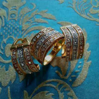 Authentic Diamond TriColor Earrings and Ring Jewelry Set 14k Gold