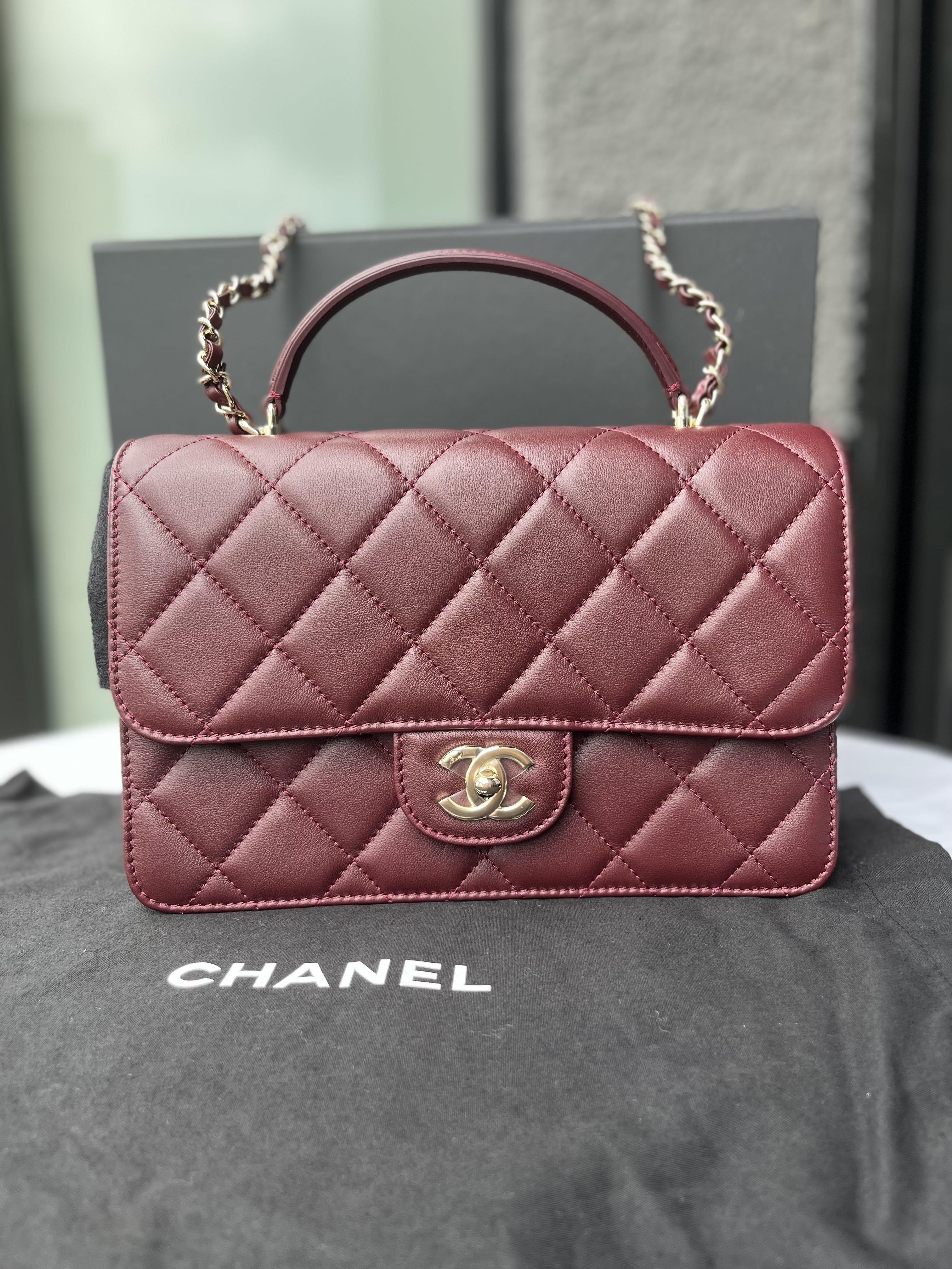 CHANEL Chevron Caviar Leather Top Handle Flap Bag Burgundy