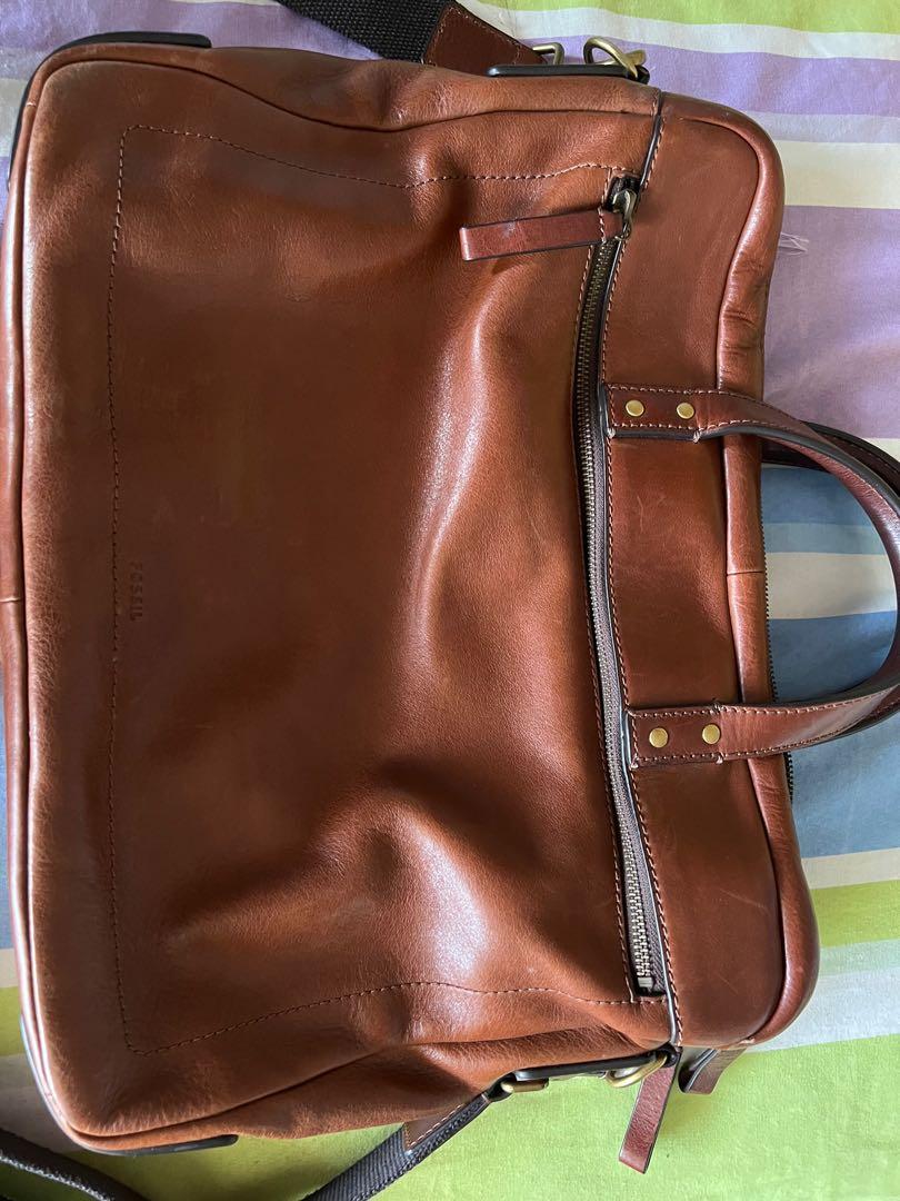 Fossil Haskell Double Zip Workbag Cognac, Fesyen Pria, Tas