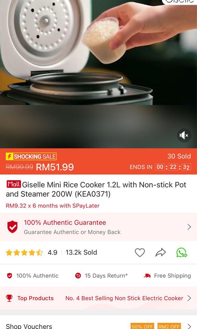 Giselle Mini Rice Cooker 1.2L with Non-stick Pot and Steamer 200W (KEA0371)