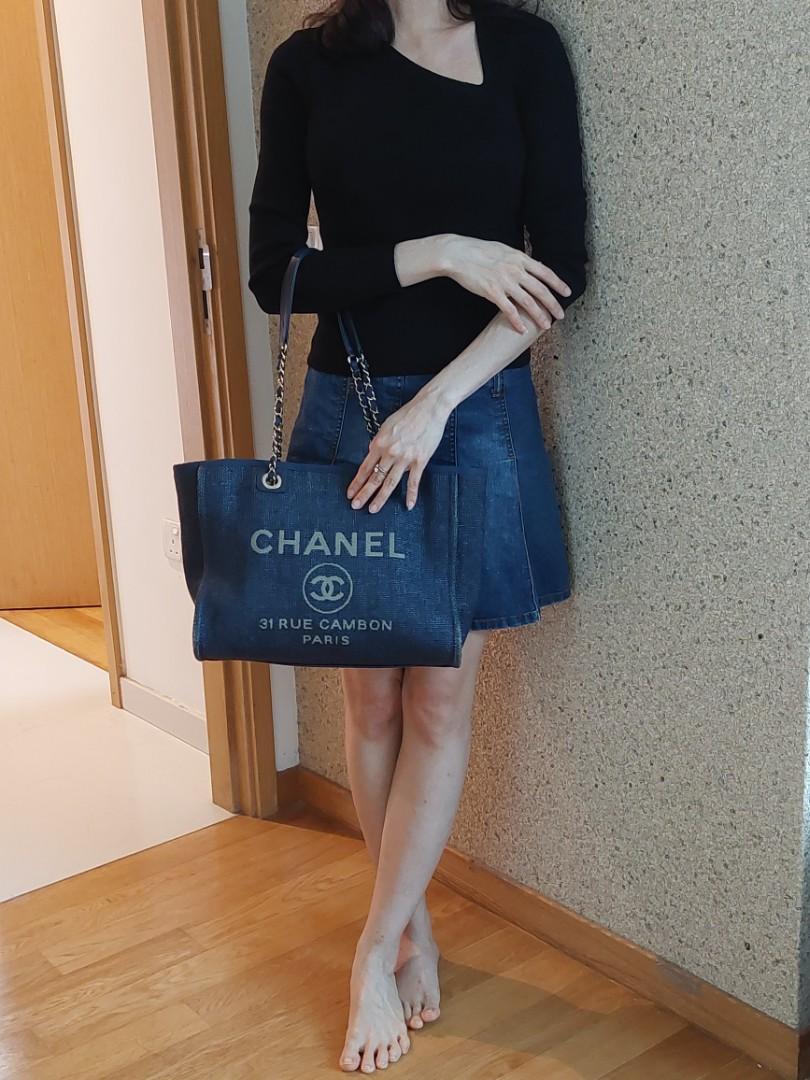 Chanel Small Deauville Shopping Bag Blue in Canvas with Silver-tone - GB