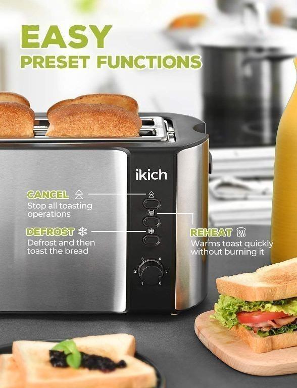 IKICH 4 Slice Toaster, Stainless Steel, Extra Wide 4Slice Long Slot