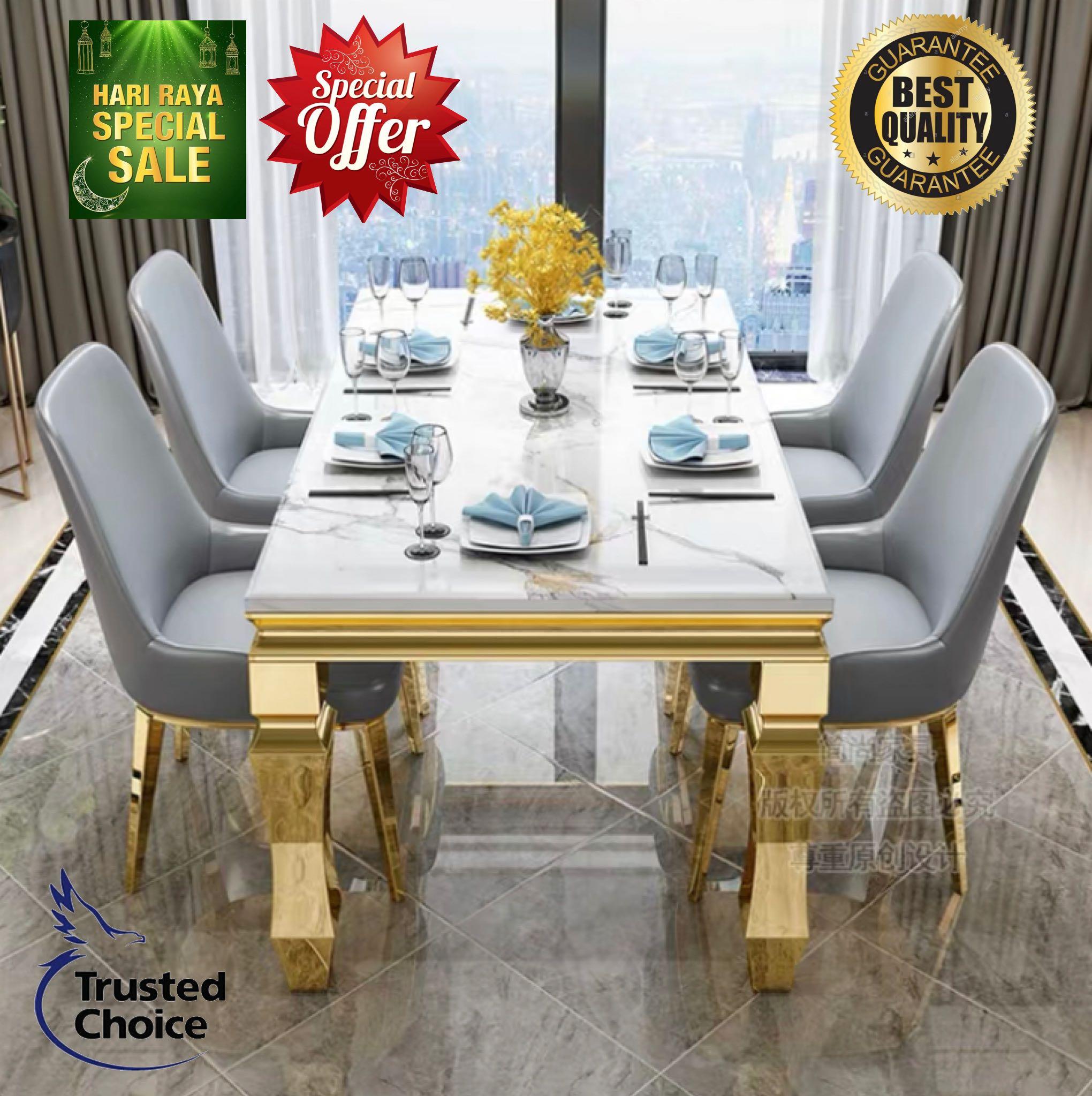 Louis Marble Dining Table Chairs Luxury Gold Rims Detailing