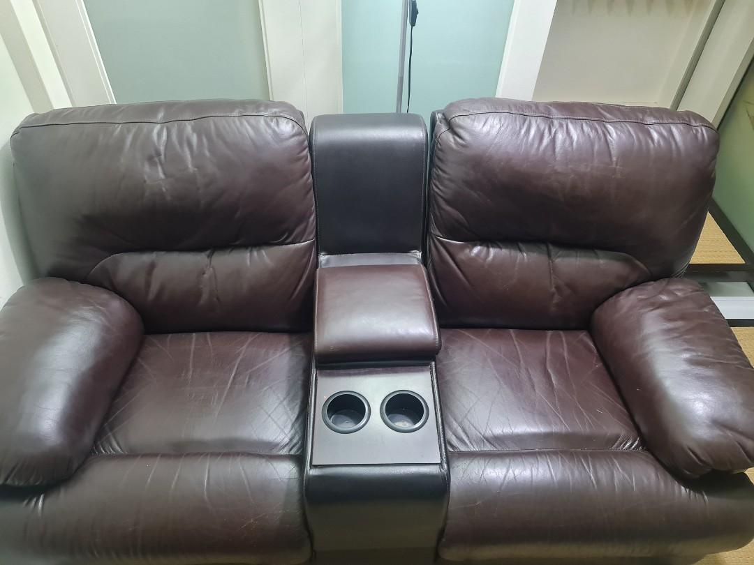 Movie Theatre Leather Recliner Sofa w/Dual Cup Holder & Storage Console
