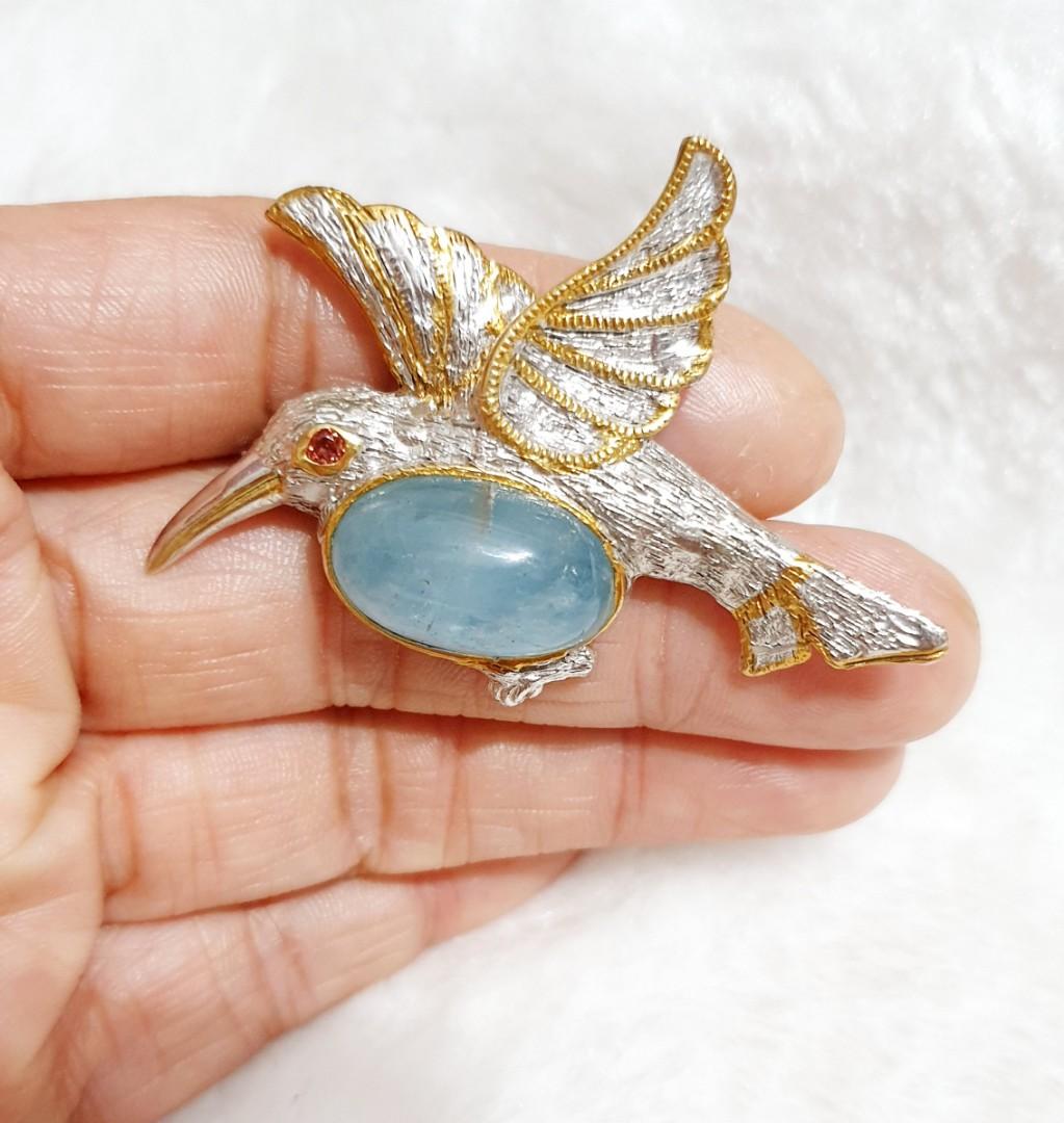 Natural Aquamarine cabochon gem set in 925 silver brooch Women s