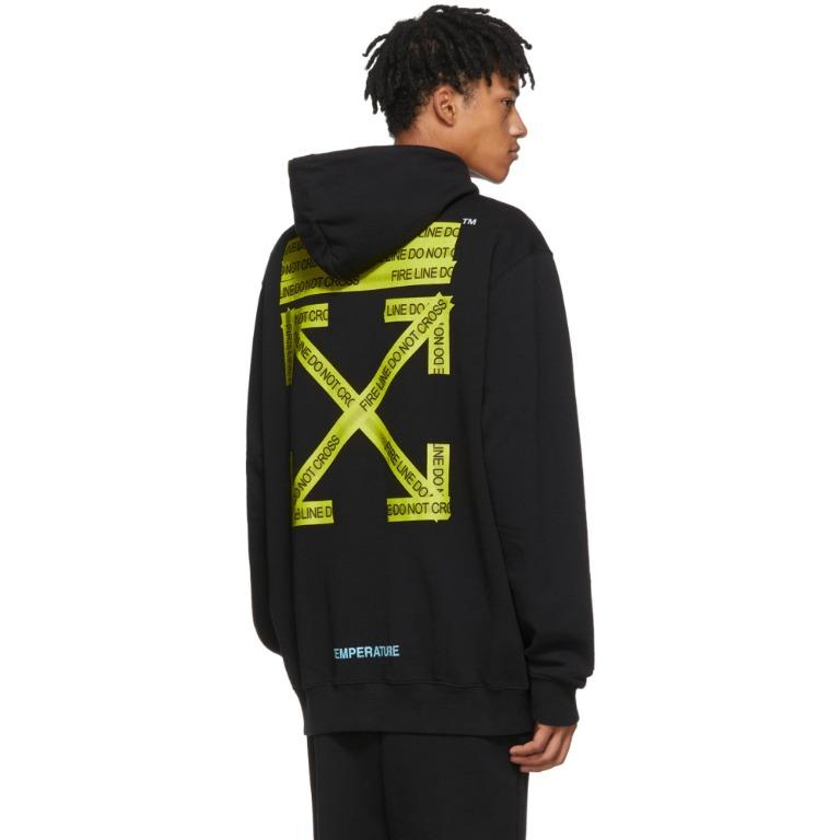 Off-White c/o Virgil Abloh Firetape Zipped Hoodie Black Yellow, Men's Coats, Jackets and Outerwear on Carousell