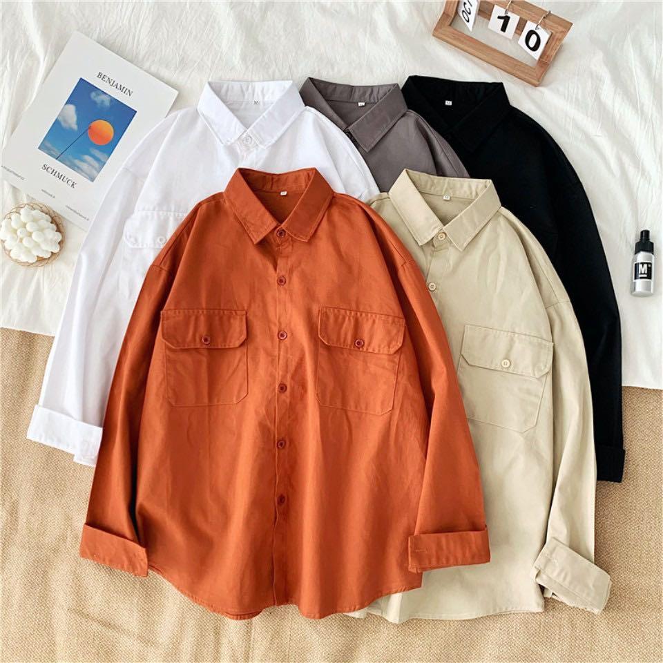 Pure cotton solid color shirt women s long sleeved double pocket