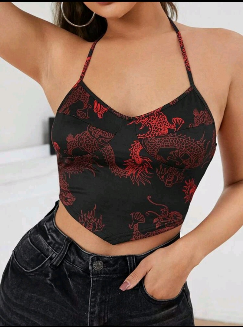 Shein Black And Red Chinese Dragon Crop Top Women Large for