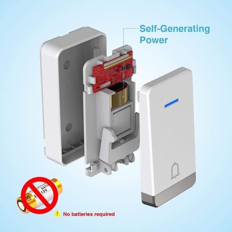 TECKNET Self-Powered Wireless Doorbell, Waterproof Door Chime Kit, No Battery Required Push Button, Plug-through Cordless Doo