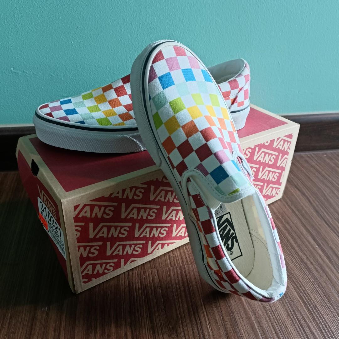 Rainbow checkerboard vans best sale slip on womens