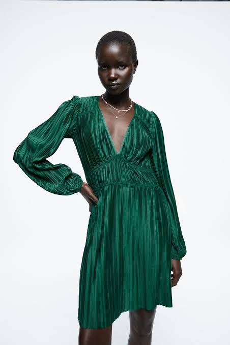 Zara Pleated Green Dress, Women's ...