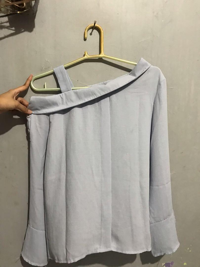Blue Half Off Shoulder Top, Fesyen 