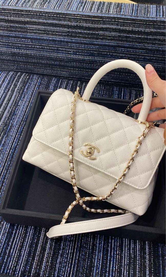 Chanel Coco Handle Small in White Caviar LGHW chip
