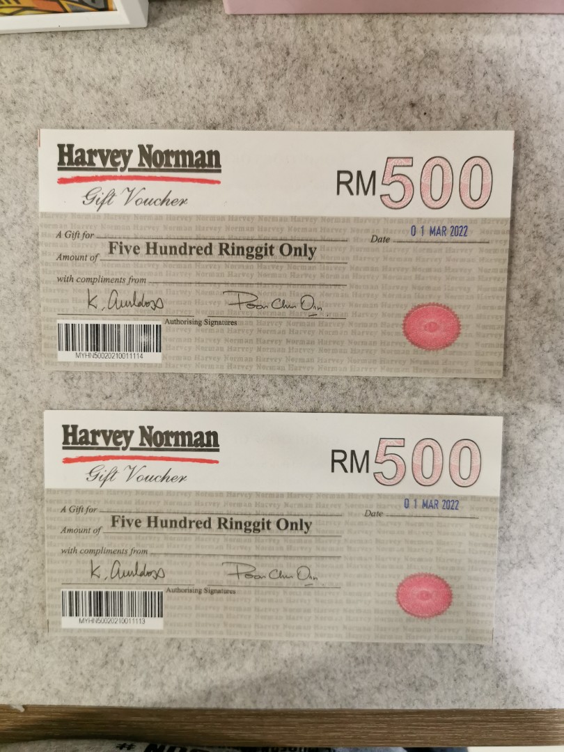 Harvey Norman Gift Voucher RM500 x 2, Tickets & Vouchers, Vouchers on
