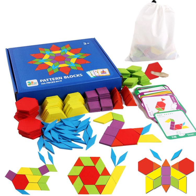 120 Pcs Wooden Pattern Blocks Puzzle Box Montessori Kids Toys Shapes Dissection 