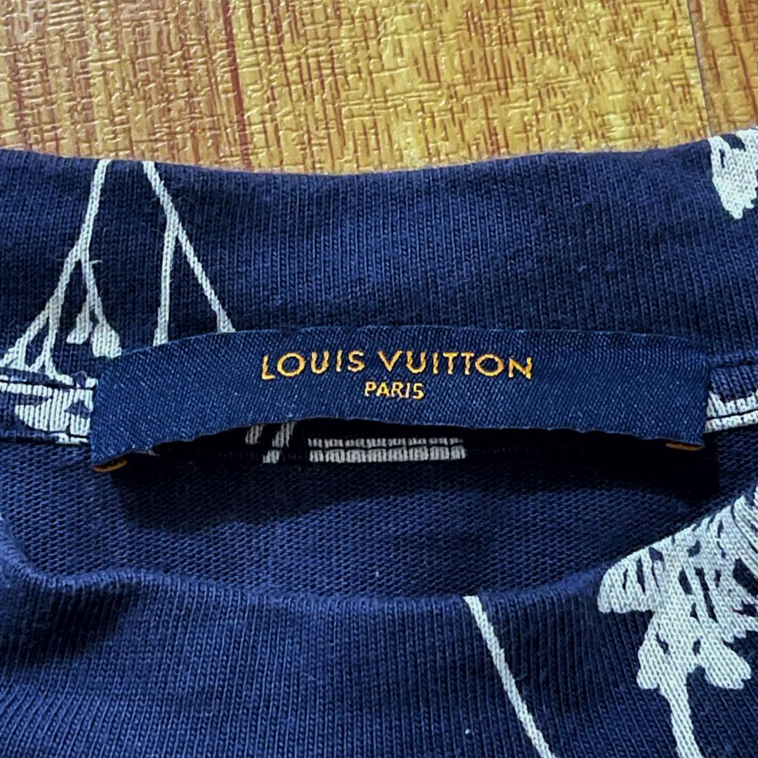 Louis Vuitton Navy Blue Leaf Discharge Printed Cotton Crewneck T
