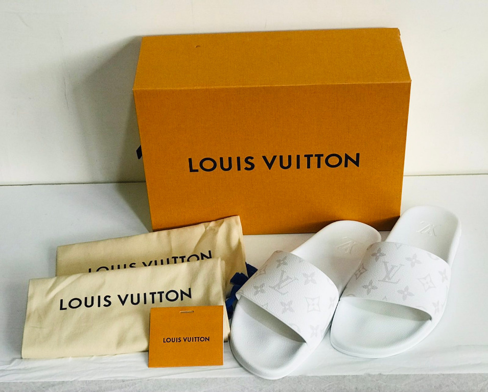 LOUIS VUITTON WHITE MONOGRAM LOGO WATERFRONT MULE SLIDES SLIPPERS US5 MENS