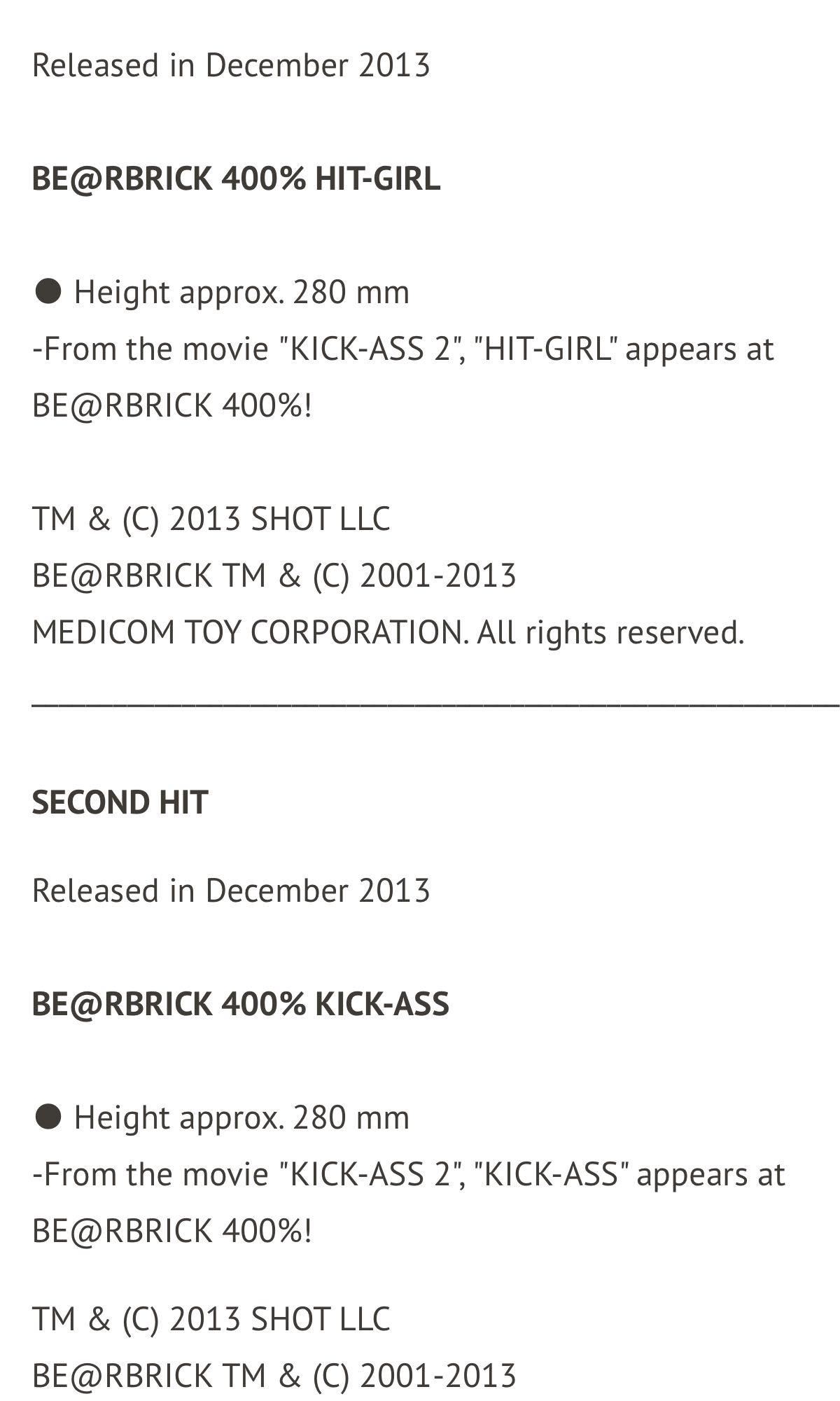 Medicom Bearbrick 400% Kick Ass & Hit Girl set Be@rbrick