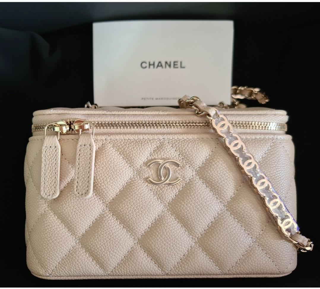 Chanel Quilted Medium CC Filigree Vanity Case Beige Caviar Gold Hardwa   Coco Approved Studio
