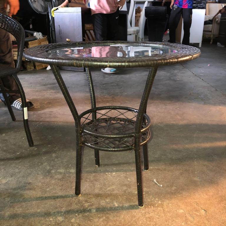 Round Rattan Glass Table / Meja Bulat Ratan Kaca, Furniture & Home