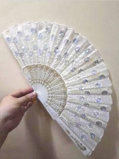 White Sequined Hand Fan with Lace Detail