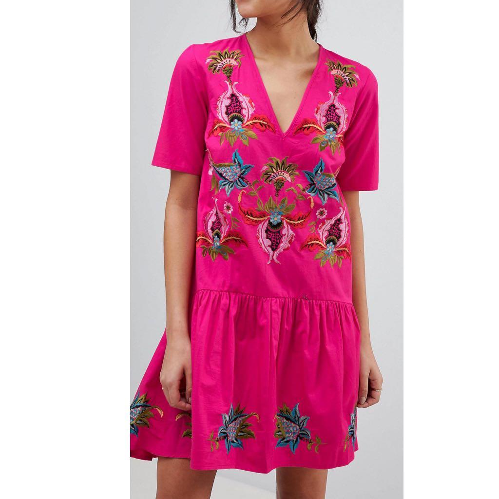 Asos pink embroidered dress online