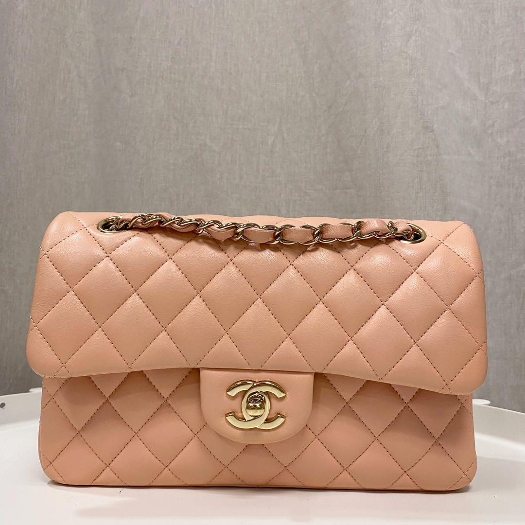 Authentic Chanel 21P Light Pink Beige bag in Lambskin and Light